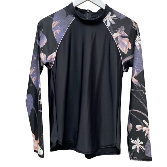 All in Motion Rashguard Top M-XL Black Floral Beach Shirt Stretch - Picture 1 of 9